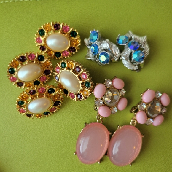 Jewelry - Contemporary Clip-On Earrings ~ 4pr ~ Rhinestones ~ Craft ~ Re-purpose ~ Upcycle